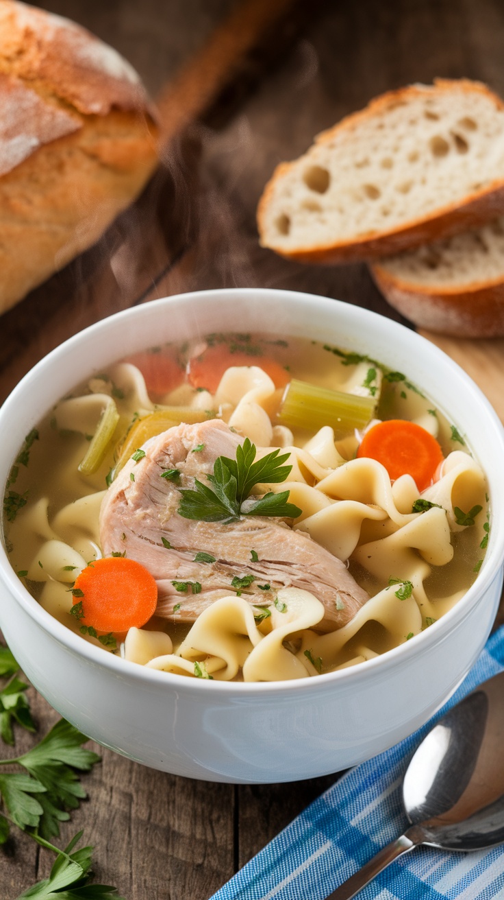 A comforting bowl of chicken noodle soup with chicken, noodles, and vegetables on a rustic table with bread.